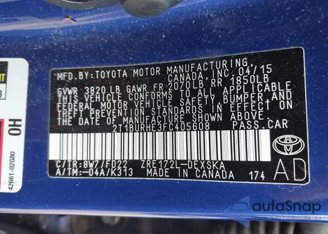 2015 Toyota Corolla S Plus from USA, damaged, VIN 2T1BURHE3FC405608